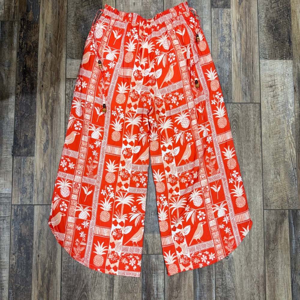 Doeโ and Rae Orange Tropical Pineapple Wide Leg Tulip Hem Pants Small WT6861CQ